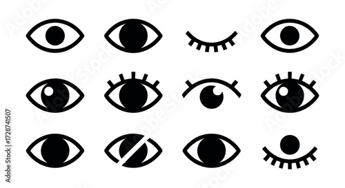 Various eye icons, including open, closed, winking, and stylized designs on white background