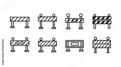 Collection of eight construction barricade icons with striped warning patterns and small lights vector