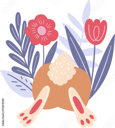 A bunnys rear end with fluffy tail and hind legs peeking out from behind plants