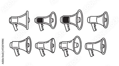 Collection of hand drawn megaphone icons representing announcements news and social media communication vector