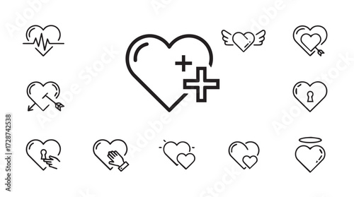 Heart icon set collection diverse love symbol concepts medical care charity and romance artistic sketches vector