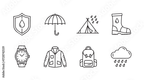 Set of waterproof and weather protection icons for outdoor activities and gear vector
