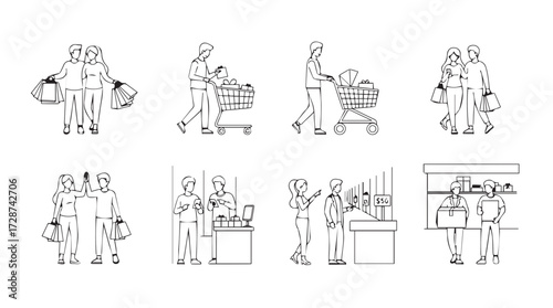 Diverse group of people shopping and interacting in various store settings line art vector
