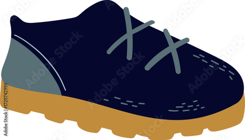 A cartoon drawing of a dark blue shoe with a tan sole