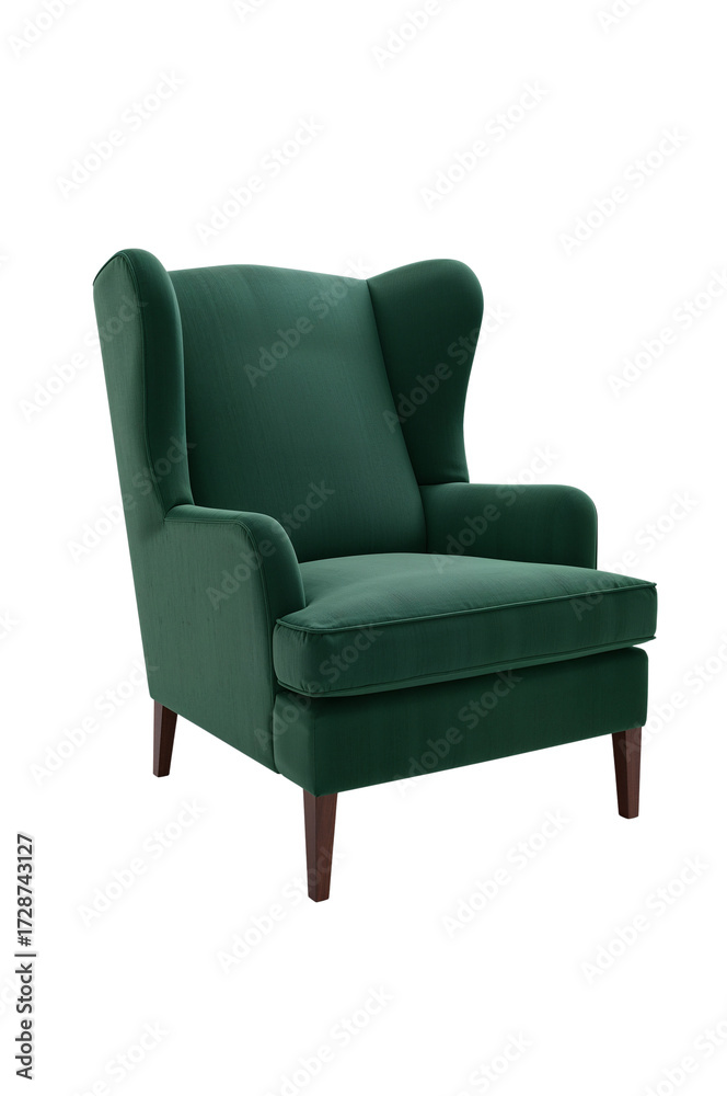 Fototapeta premium Elegant emerald green wingback armchair on black background enhances interior design appeal