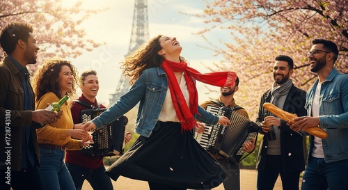 Joie de Vivre in Paris: Exuberant Woman Dancing with Friends and Accordions