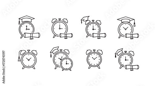 Graduation time concept set alarm clocks with graduation caps and diplomas vector
