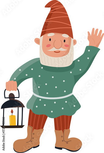 A cartoon gnome in a green polka dot tunic orange striped leggings and brown boots holds a lantern
