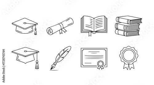 Collection of academic graduation symbols including caps scrolls books and diplomas hand drawn style vector