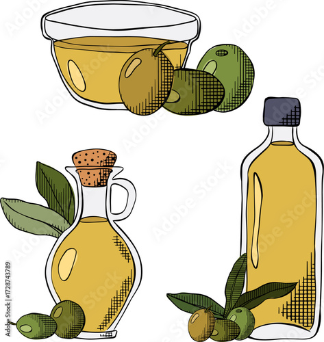 Olive oil bottle, berry, branch isolated set. Vector graphic line ink colored illustration. Silhouette sign for logo, print, comics, fashion, pop art, boards, design, stickers, decoration, posters