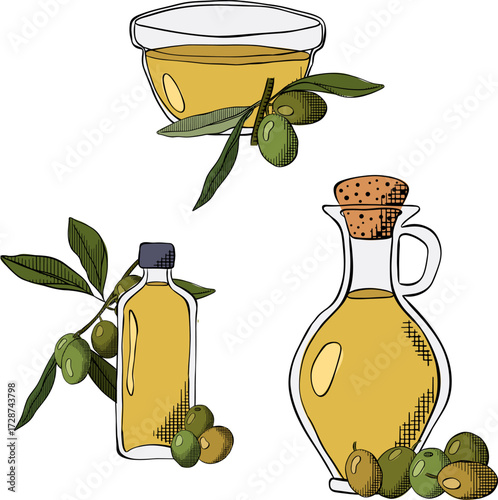 Olive oil bottle, berry, branch isolated set. Vector graphic line ink colored illustration. background for banners, print for fabric, labels. Design for package, cosmetic, textile, cards.