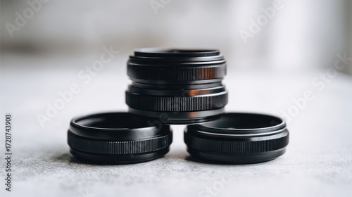 Three black camera lenses