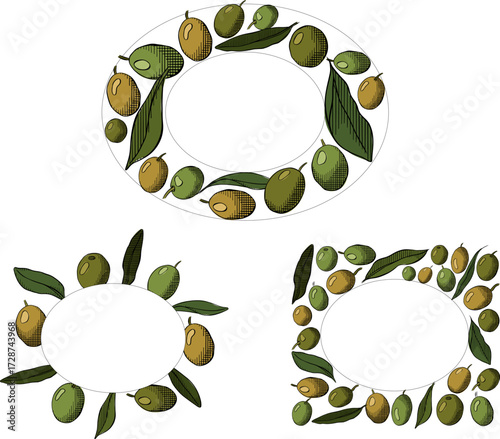 Olive green berry and leaves Oval rectangle set frame template. Vector graphic line ink colored illustration. Healthy food, natural organic cosmetics for invitation, label, advertisement, packaging.