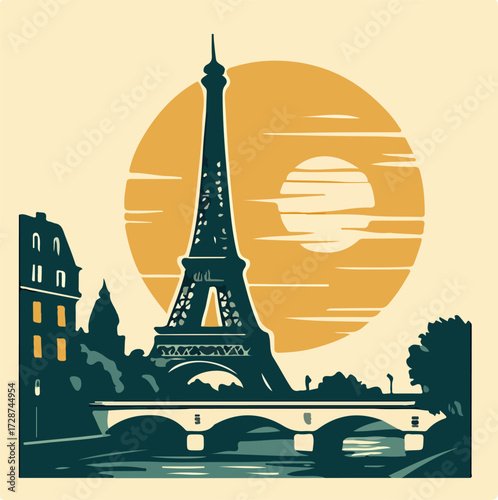Eiffel Tower on the Seine at Sunset — Paris Travel Poster (Vector)