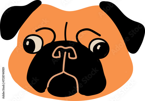 A cartoon pug with a black snout and ears on an orange face