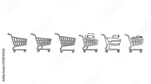 Collection of shopping carts with unique stylized designs arranged in a row symbolizing retail and commerce. vector