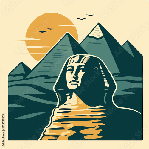 Great Sphinx and Pyramids of Giza at Sunset — Egypt Travel Poster (Vector)
