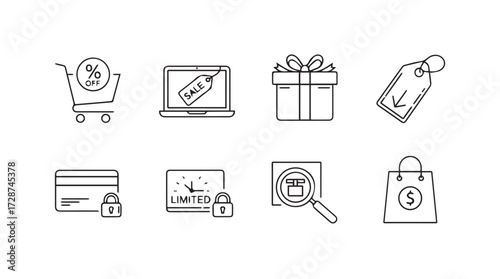 Hand drawn e-commerce icons representing online shopping and business transactions with simple sketch style vector