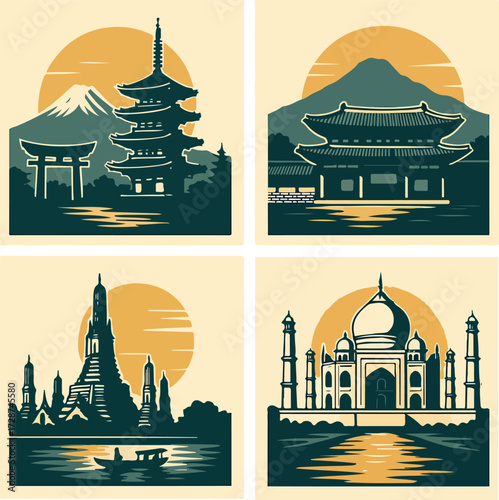 Asia Landmark Collage — Fuji Pagoda, Korean Palace, Taj Mahal (4 Panels)