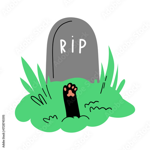 A cats paw emerges from the ground next to a tombstone with RIP