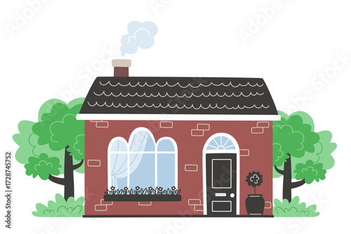 A charming brick house with a dark door arched window and smoky chimney