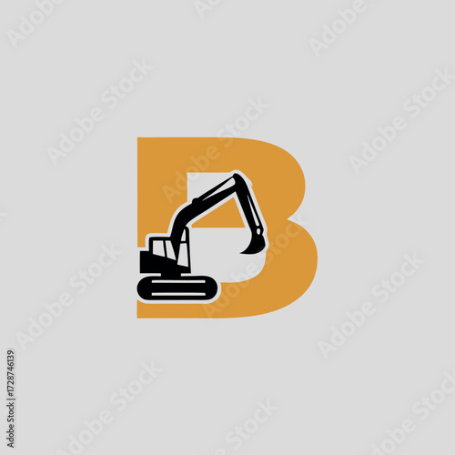 Vector art of excavator graphic inside a large yellow letter b, construction and industry concept
