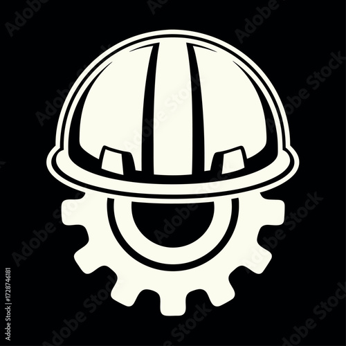Vector art of white construction hard hat and gear icon, safety and industry symbol