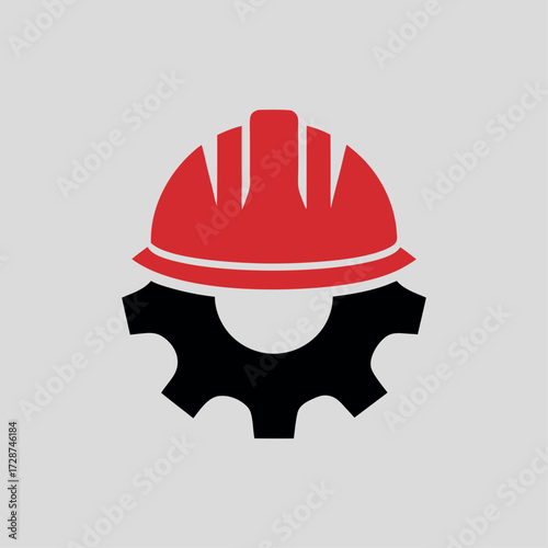 Vector art of red construction hard hat and black gear icon, safety and industry symbol