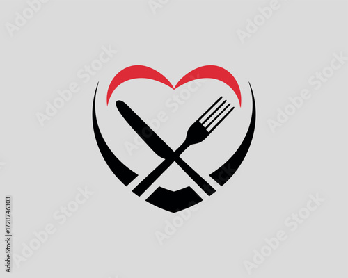 Vector art of heart shape with crossed fork and knife, symbolizing a romantic meal or fine dining