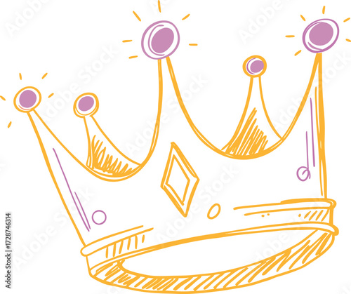 Vector art of handdrawn sketch of a golden crown with purple jewels and sparkling light