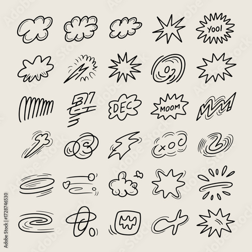 Assortment of Hand Drawn Abstract Shapes and Comic Style Elements doodle sound effect