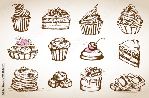 A collection of handdrawn desserts with a sketchy sepiatoned aesthetic