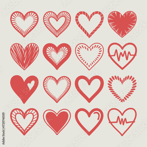 Assortment of Red Hand Drawn Hearts Including Heartbeat Line Designs love drawing