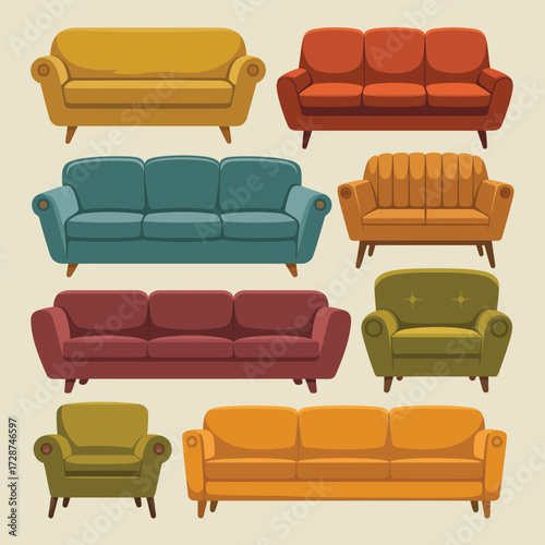 Assortment of Mid- Century Modern Style Sofas and Armchairs in Various Colors Keywords: sofa, couch, armchair, furniture, mid-century modern