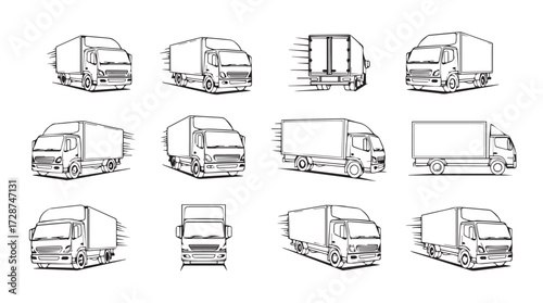 Collection of hand drawn trucks in various perspectives for transportation and logistics themes vector