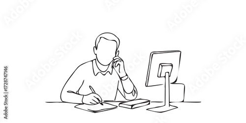 Single continuous line drawing of a businessman sitting at his desk, talking on the phone while writing notes, with a computer in front of him. multitasking, and modern office work concept.
