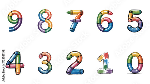 Colorful Crayon Numbers 0 Through 9 on White Background digits counting