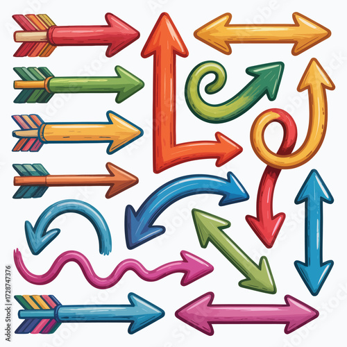 Diverse Collection of Stylized Arrows in Vibrant Colors and Shapes direction pointer