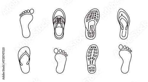 Collection of diverse footprint styles human shoe sole flip flop sketches diverse footwear impressions vector