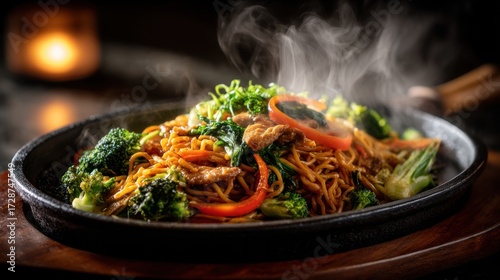 Fried noodles with meat and vegetables on a sizzling hotplate