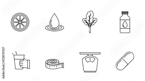Set of eight simple icons representing health wellness diet and fitness concepts vector