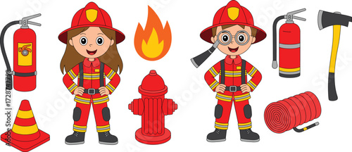 Child firefighter, safety gear, fire equipment, emergency response, young firefighters, fire protection, educational concept, fire station, cute illustration, character design,