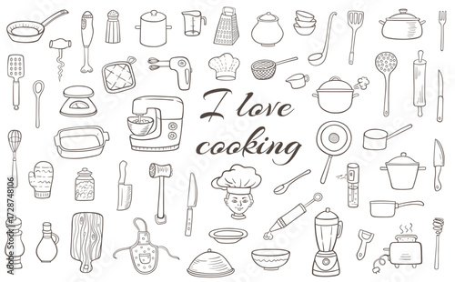A doodlestyle illustration of various kitchen utensils and cookingrelated items