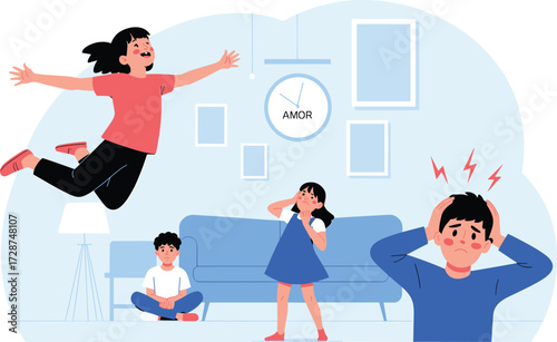 Chaotic family moment, emotional children illustration, living room scene, stress and joy, cartoon style, parenting concept, sibling interaction, home interior