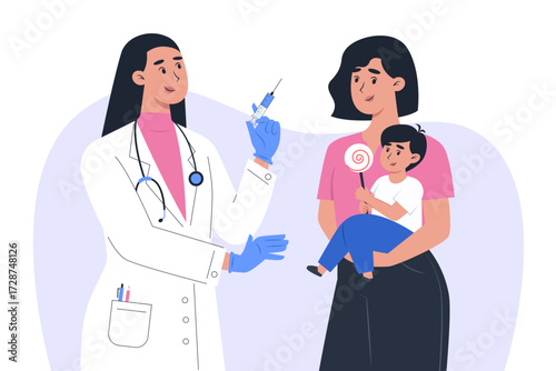A doctor prepares a syringe for a child held by their mother