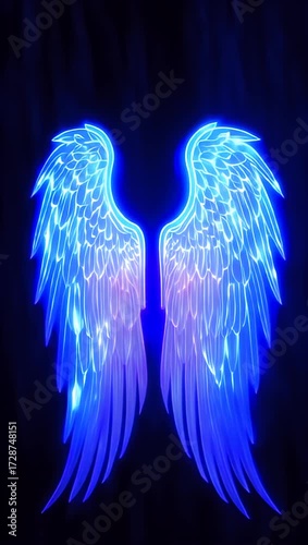 Glowing blue angel wings on black background, fantasy animation and angelic symbols motion