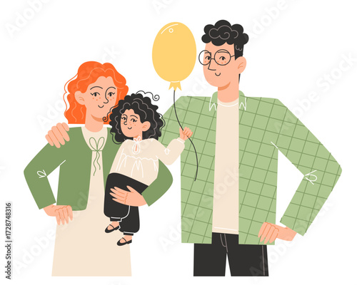 A family portrait with a woman holding a child a man with a balloon