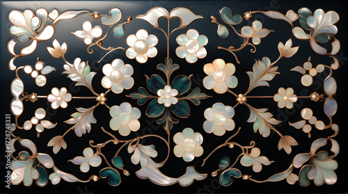  Korean Lacquerware Pattern Design, Intricate Mother-of-Pearl Inlay on Black Lacquer by traditional Korean Najeonchilgi