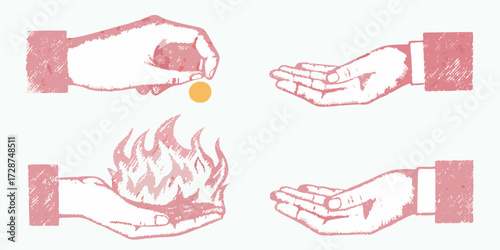 Four stylized hand illustrations depicting a coin falling into an open palm an empty cupped hand a hand holding fire and another empty cupped hand