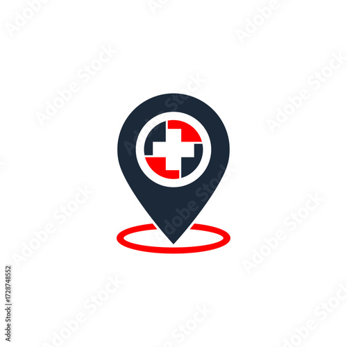 Medical location pin icon with a red cross inside, indicating healthcare service or hospital on a map.
